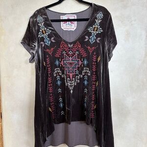 Johnny Was embroidered Velvet Tunic Top Chocolate